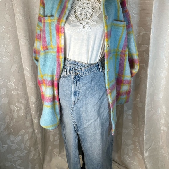 Davi & Dani Women’s‎ Oversized Plaid Shacket Jacket S Blue Pink Fuzzy Soft - Picture 7 of 11